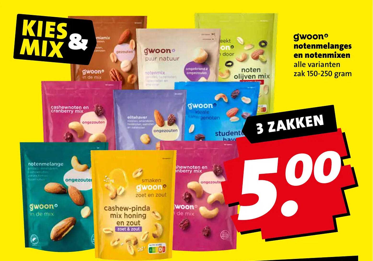 g'woon notenmenges en notenmixen alle varianten zak 150-250 gram 3 ZAKKEN