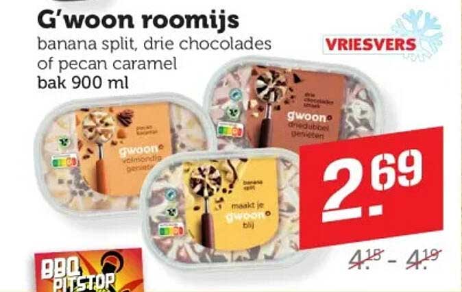G'woon roomijs bana split, drie chocolades of pecan caramel bak 900 ml VRIJVERS