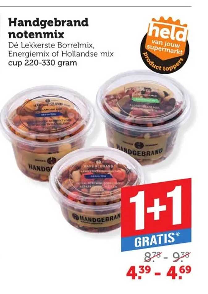 Handgebrand notenmix De Lekkerste Borrelmix, Energiemix of Hollandse mix cup 220-330 gram 1+1 gratis