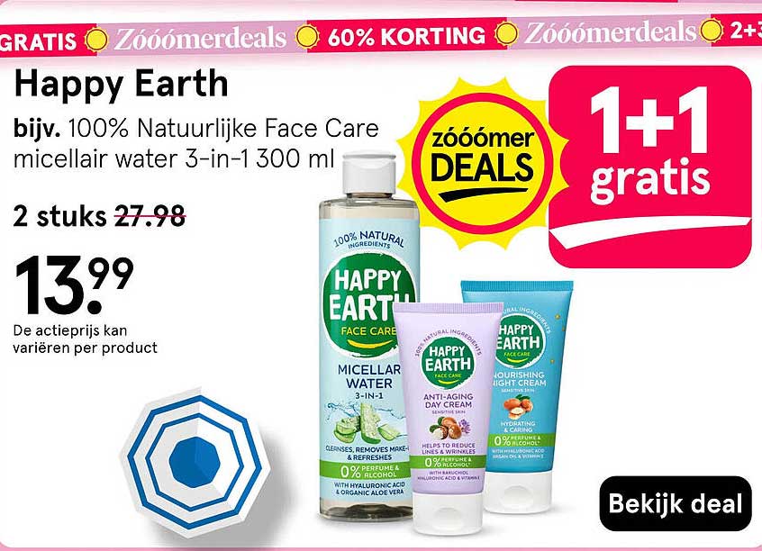 Happy Earth bijv. 100% Natuurlijke Face Care micellair water 3-in-1 300 ml 1+1 gratis