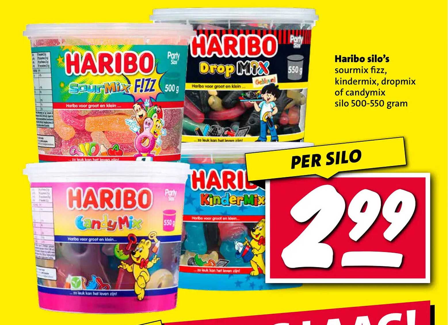 Haribo silo’s sourmix fizz, kindermix, dropmix of candymix silo 500-550 gram