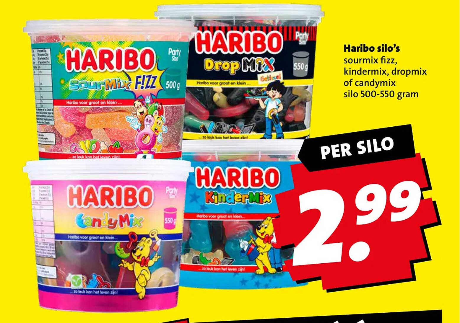 Haribo silo's sourmix fizz, kindermix, dropmix of candymix silo 500-550 gram