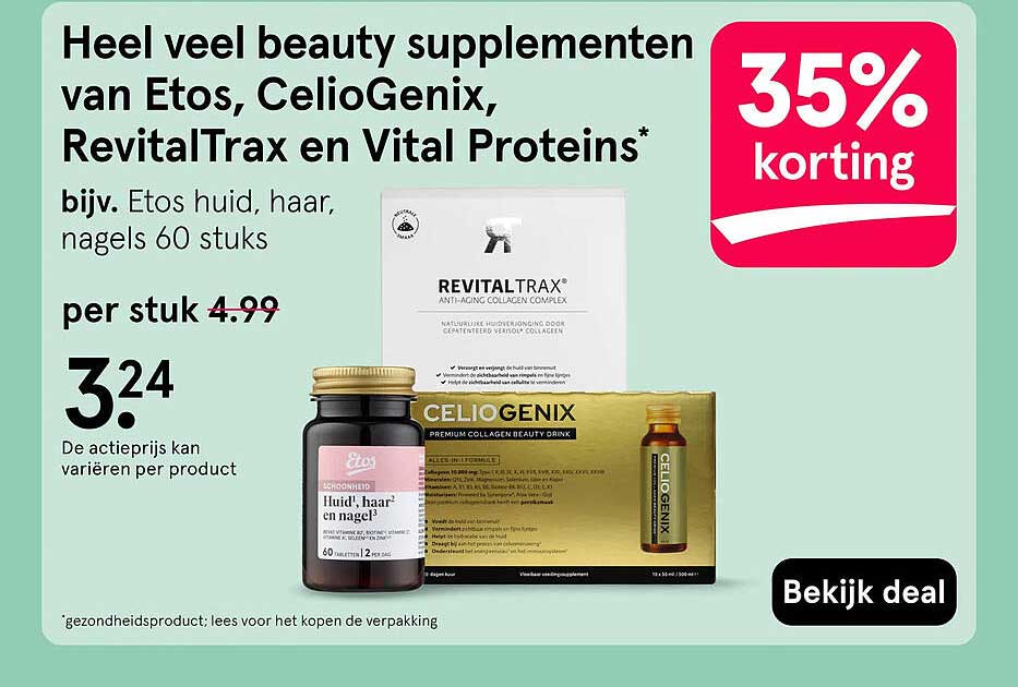 Heel veel beauty supplementen van Etos, CelioGenix, RevitalTrax en Vital Proteins* 35% korting