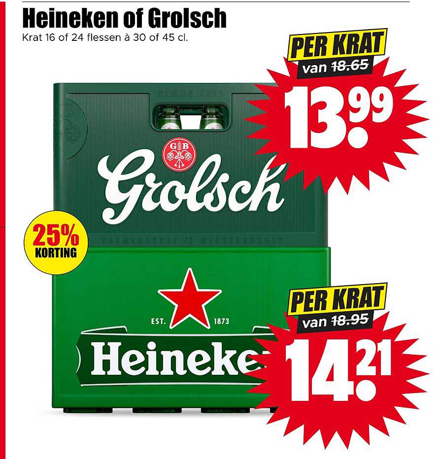 Heineken of Grolsch Krat 16 of 24 flessen à 30 of 45 cl. 25% KORTING