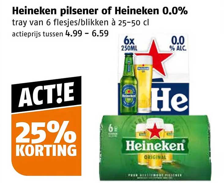 Heineken pilsener of Heineken 0.0% tray van 6 flesjes/blikken à 25–50 cl ACT!E 25% KORTING