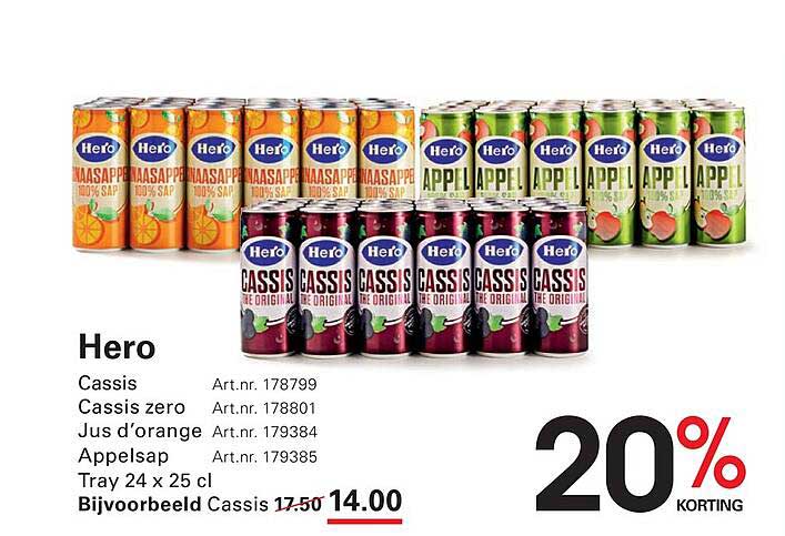 Hero Cassis Cassis zero Jus d'orange Appelsap Tray 24 x 25 cl 20% KORTING