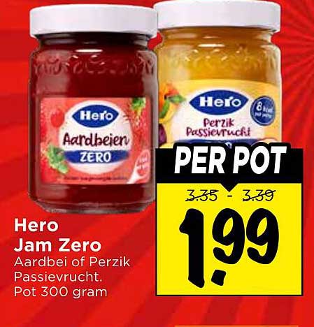 Hero Jam Zero Aardbei of Perzik Passievrucht. Pot 300 gram PER POT