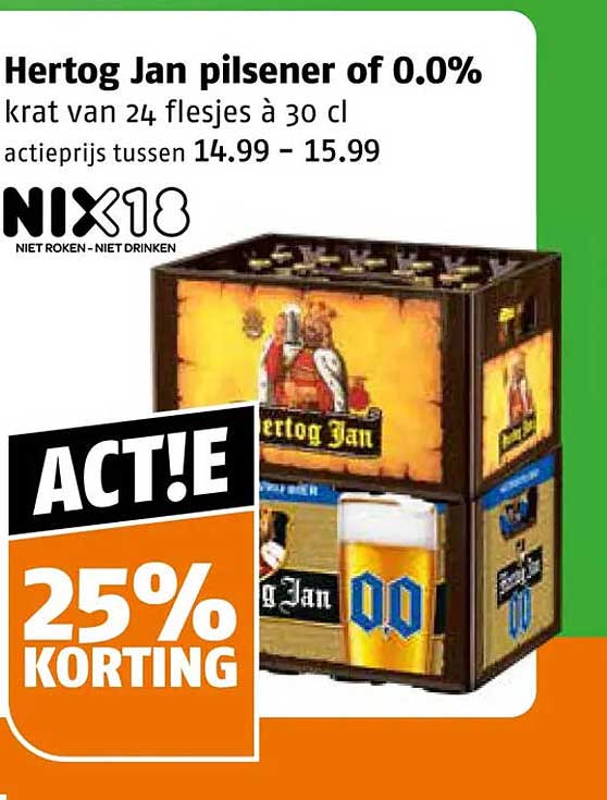 Hertog Jan pilsener of 0.0% krat van 24 flesjes à 30 cl 25% korting