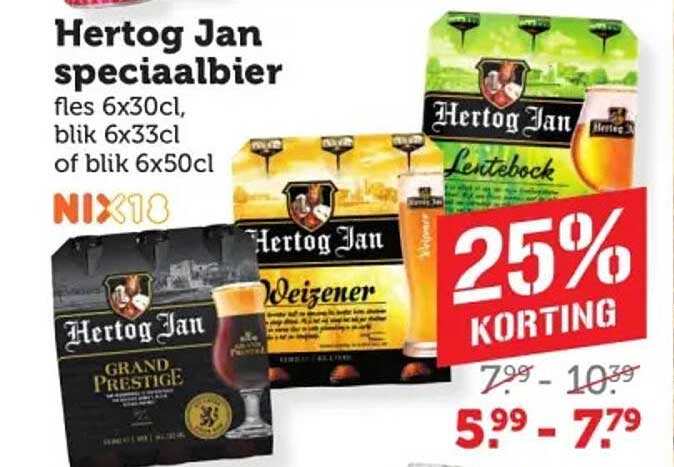 Hertog Jan speciaalbier fles 6x30cl, blik 6x53cl of blik 6x50cl 25% korting