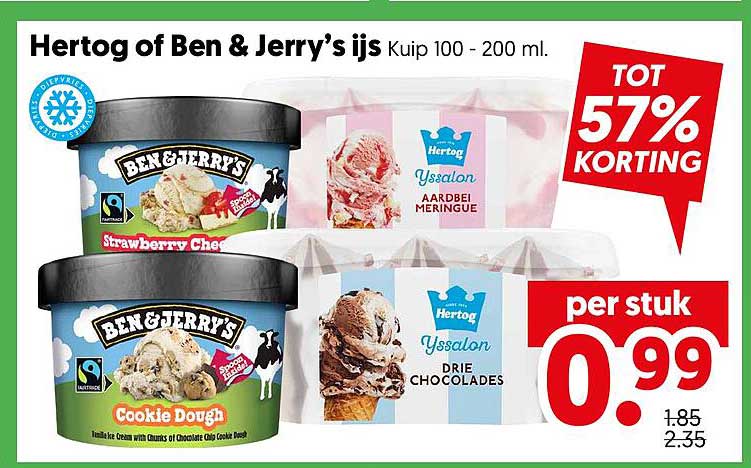 Hertog of Ben & Jerry’s ijs Kuip 100 - 200 ml. TOT 57% KORTING