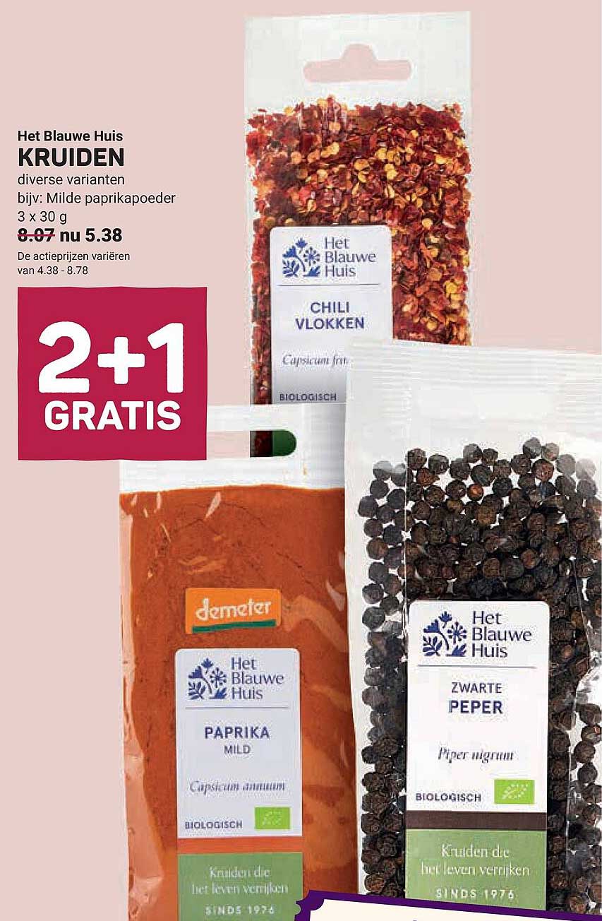 Het Blauwe Huis kruiden diverse varianten bijv: Milde paprikapoeder 3 x 30 g 2+1 GRATIS