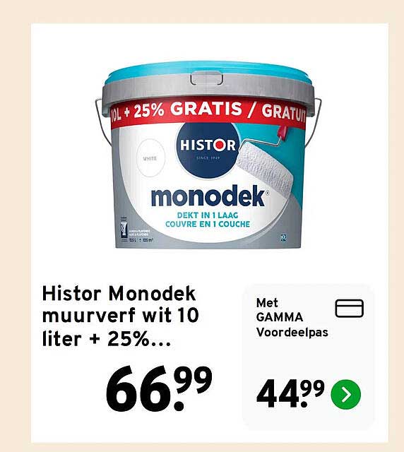 Histor Monodek muurverf wit 10 liter + 25%...