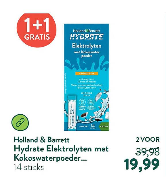 Holland & Barrett Hydrate Elektrolyten met Kokoswaterpoeder... 1+1 GRATIS