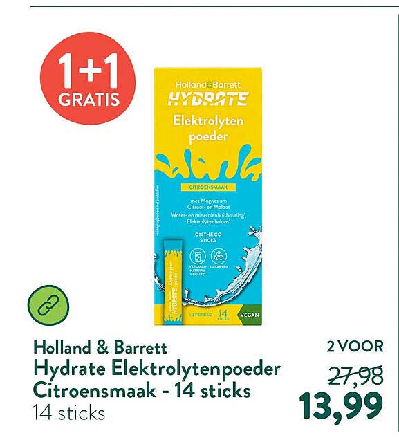 Holland & Barrett Hydrate Elektrolytenpoeder Citroensmaak - 14 sticks 1+1 GRATIS