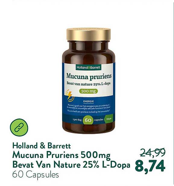 Holland & Barrett Mucuna Pruriens 500mg Bevat Van Nature 25% L-Dopa 60 Capsules