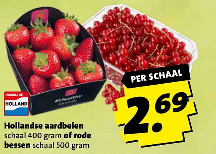 Hollandse aardbeien schaal 400 gram of rode bessen schaal 500 gram PER SCHAAL