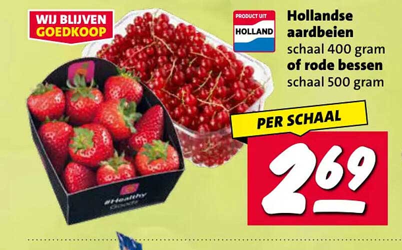 Hollandse aardbeien schaal 400 gram of rode bessen schaal 500 gram PER SCHAAL