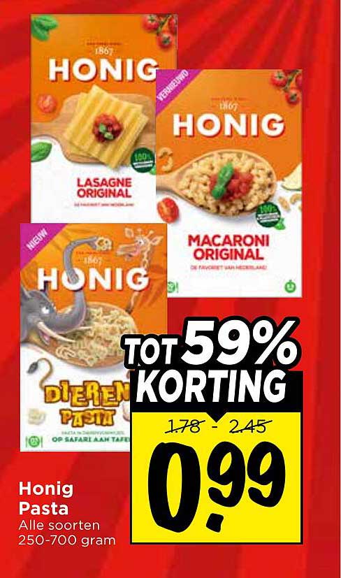 Honig Pasta Alle soorten 250-700 gram TOT 59% KORTING