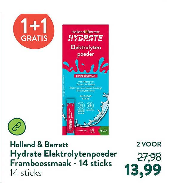 Hydrate Elektrolytenpoeder Framboossmaak - 14 sticks 1+1 gratis