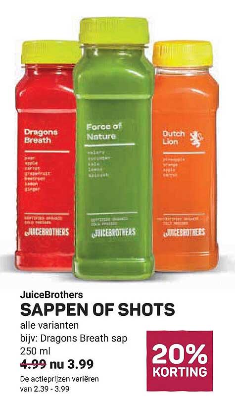 JuiceBrothers SAPPPEN OF SHOTS alle varianten, bijv: Dragons Breath sap 250 ml 20% KORTING