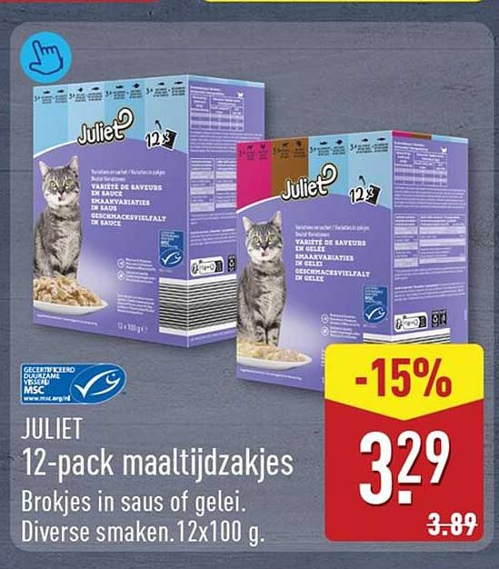 JULIET 12-pack maaltijdzakjes Brokjes in saus of gelei. Diverse smaken.12x100 g. -15%
