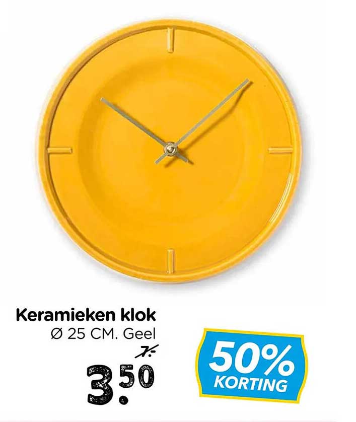 Keramieken klok Ø 25 CM. Geel 50% KORTING