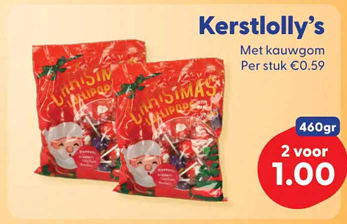 Kerstlolly’s Met kauwgom 460gr 2 voor 1.00