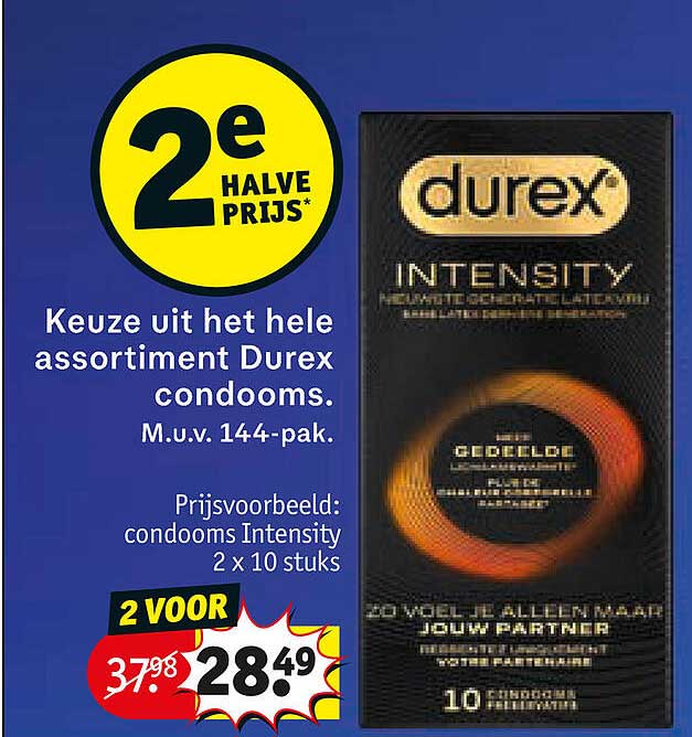 Keuze uit het hele assortiment Durex condooms. 2e halve prijs