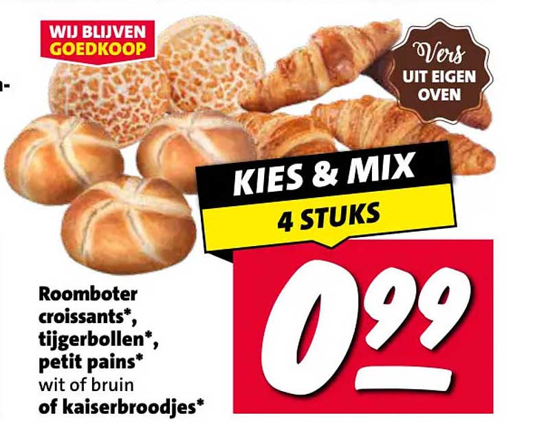 KIES & MIX 4 STUKS Roomboter croissants*, tijgerbollen*, petit pains* wit of bruin of kaiserbroodjes*