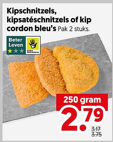 Kipschnitzels, kipsaté schnitzels of kip cordon bleu’s Pak 2 stuks.