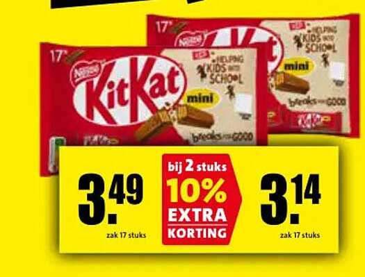 KitKat mini 17 stuks bij 2 stuks 10% EXTRA KORTING