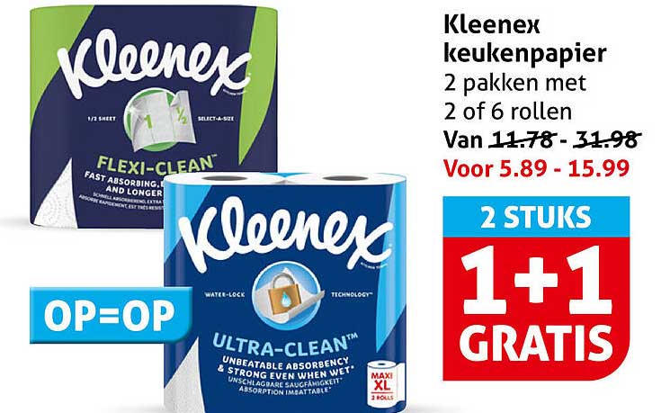 Kleenex keukenpapier 2 pakken met 2 of 6 rollen 2 STUKS 1+1 GRATIS