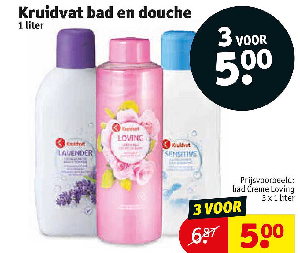 Kruidvat bad en douche 1 liter 3 voor 5.00