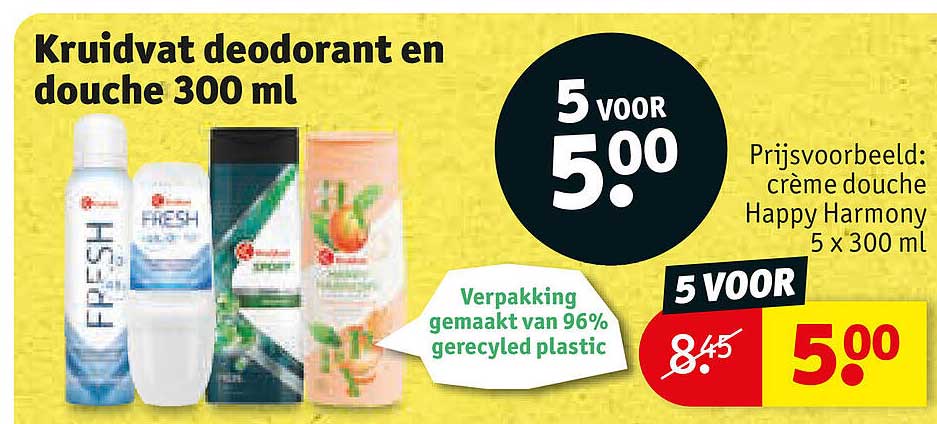 Kruidvat deodorant en douche 300 ml 5 voor 5.00