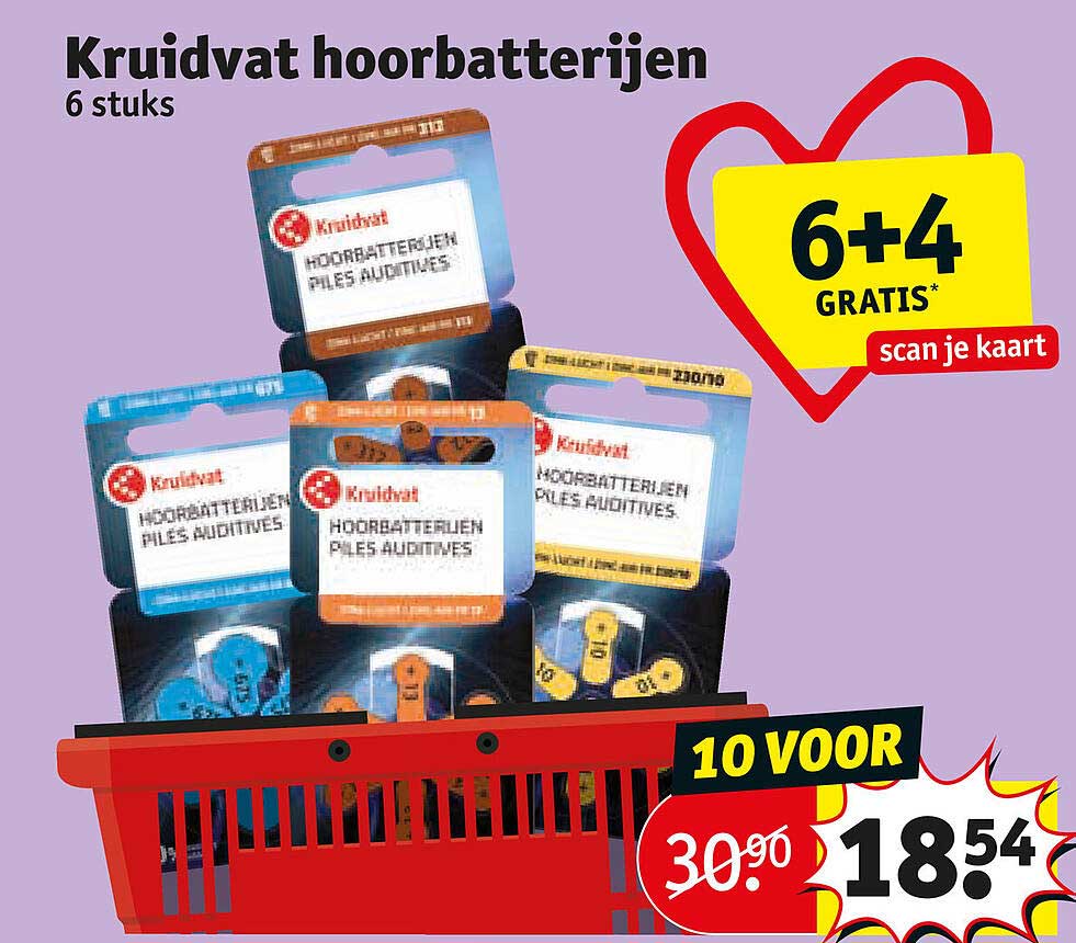 Kruidvat hoorbatterijen 6 stuks 6+4 GRATIS scan je kaart 10 VOOR