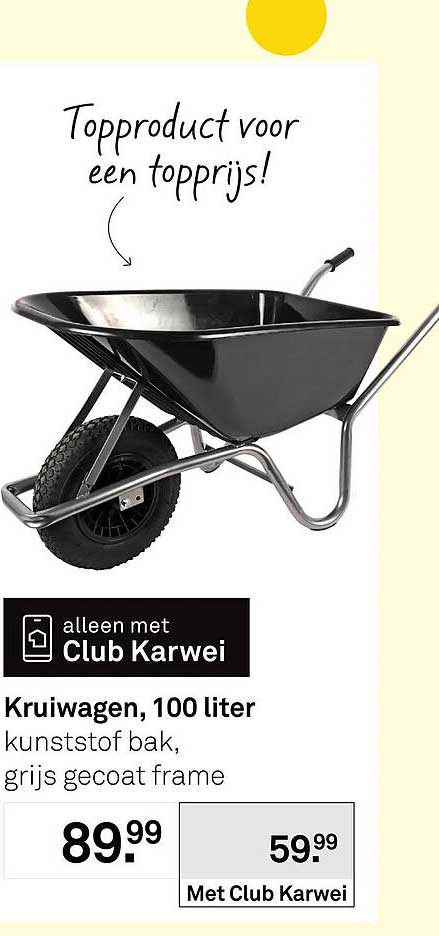 Kruiwagen, 100 liter kunststof bak, grijs gecoat frame