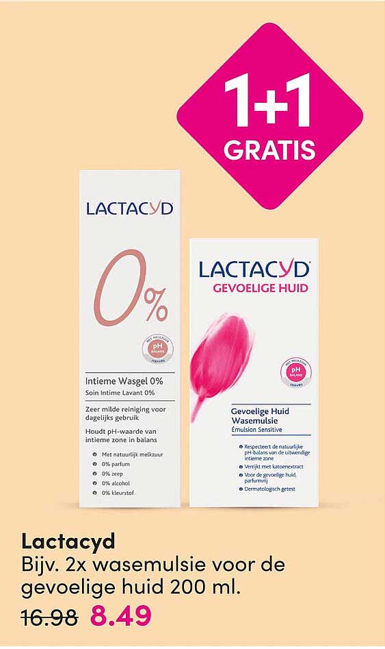 Lactacyd Bijv. 2x wasemulsie voor de gevoelige huid 200 ml. 1+1 GRATIS