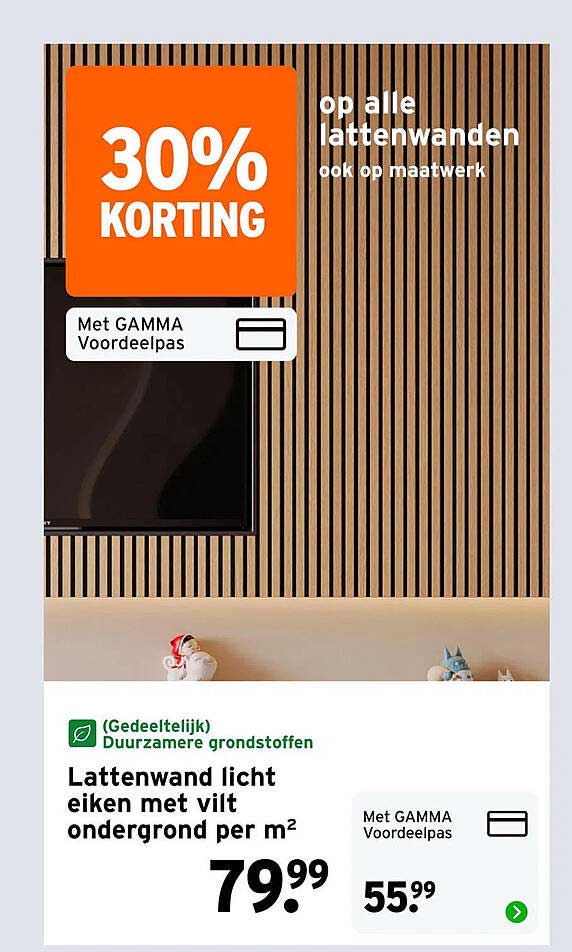 Lattenwand licht eiken met vilt ondergrond per m² 30% KORTING