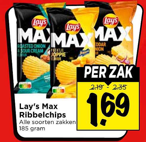 Lay's Max Ribbelchips Alle soorten zakken 185 gram
