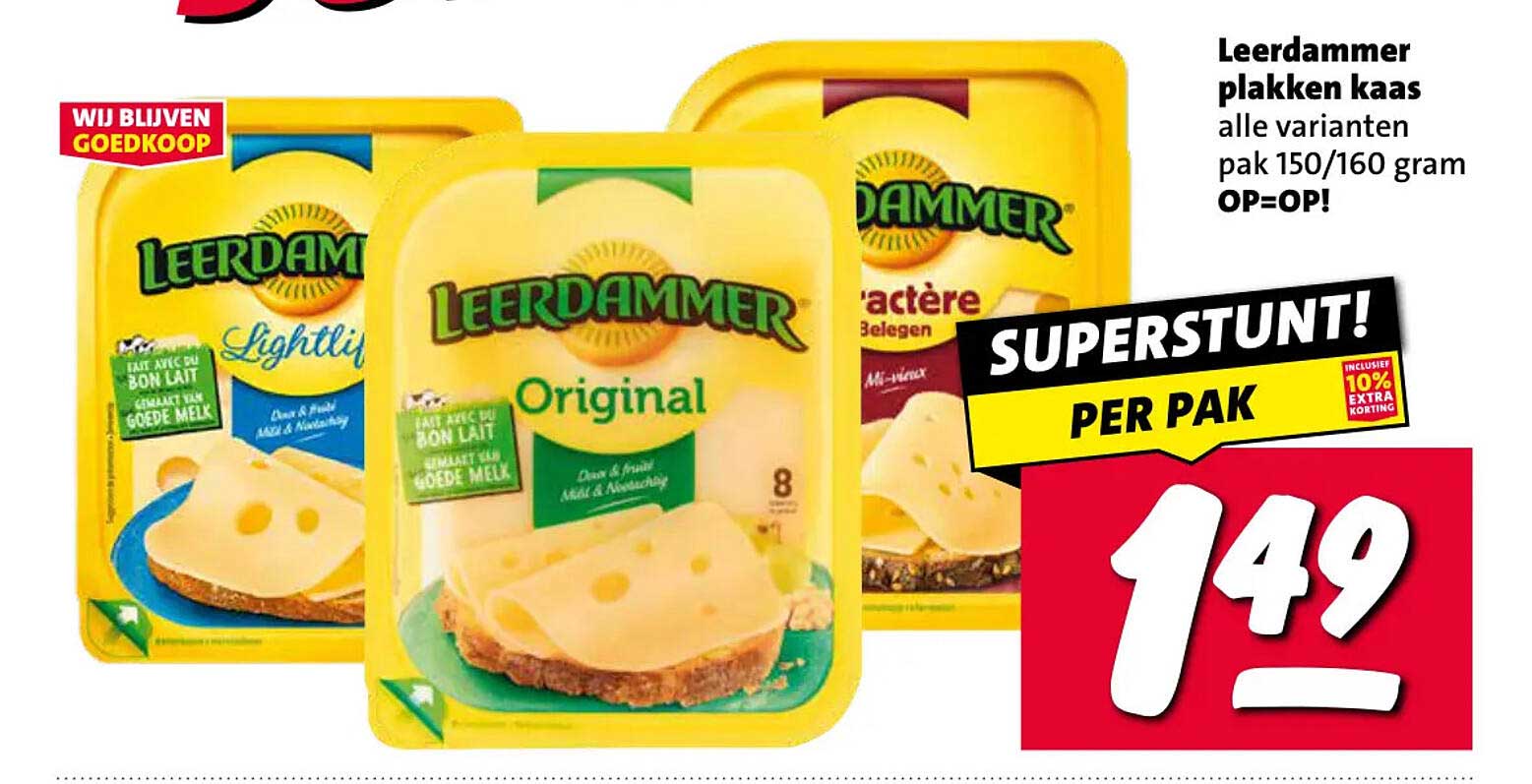 Leerdammer plakken kaas alle varianten pak 150/160 gram OP=OP! SUPERSTUNT! PER PAK