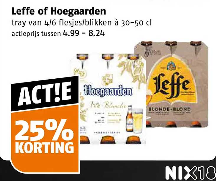Leffe of Hoegaarden tray van 4/6 flesjes/blikken à 30–50 cl ACT!E 25% KORTING