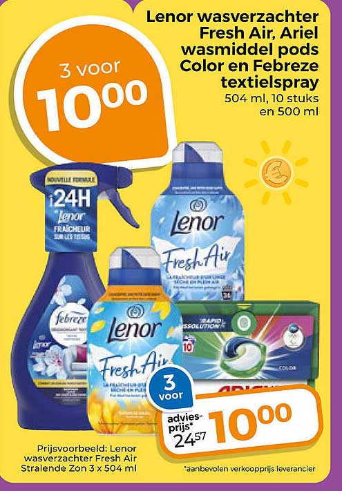 Lenor wasverzachter Fresh Air, Ariel wasmiddel pods Color en Febreze textielspray