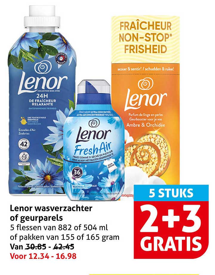 Lenor wasverzachter of geurparels 5 stuks van 882 of 504 ml of pakken van 155 of 165 gram 2+3 GRATIS