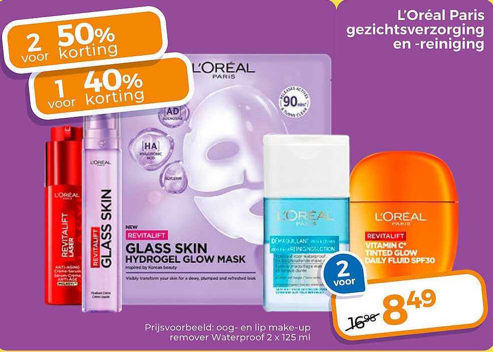 L'Oréal Paris gezichtsverzorging en -reiniging 2 voor 50% korting 1 voor 40% korting 2 voor