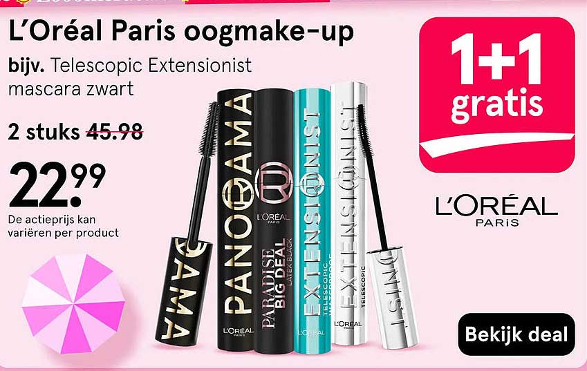 L’Oréal Paris oogmake-up bijv. Telescopic Extensionist mascara zwart 1+1 gratis
