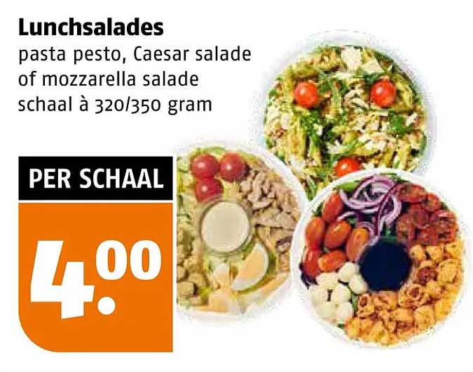 Lunchsalades pasta pesto, Caesar salade of mozzarella salade schaal à 320/350 gram PER SCHAAL