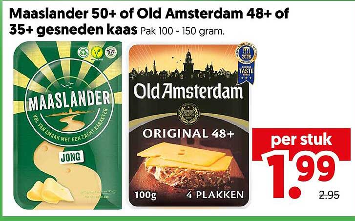 Maaslander 50+ of Old Amsterdam 48+ of 35+ gesneden kaas Pak 100 - 150 gram.