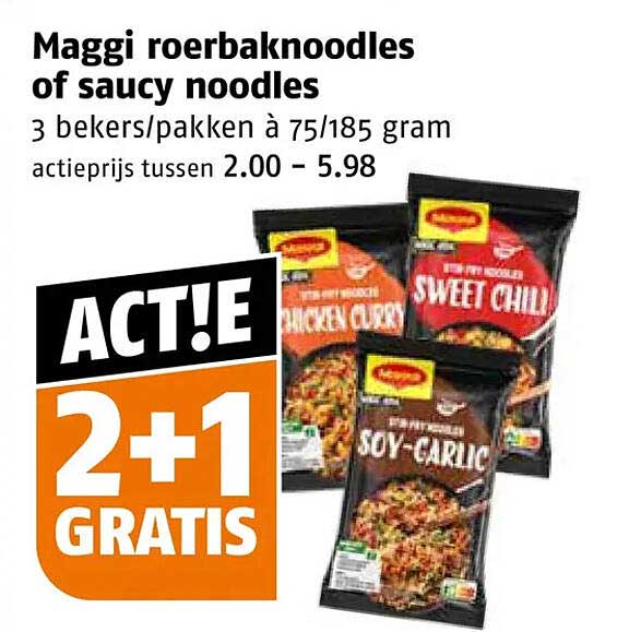 Maggi roerbaknoodles of saucy noodles 2+1 GRATIS