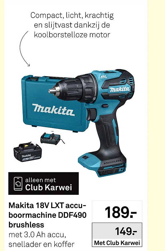 Makita 18V LXT accu-boormachine DDF490 brushless met 3.0 Ah accu, snellader en koffer