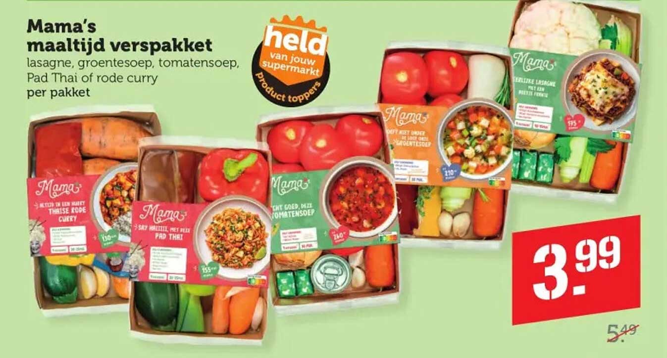Mama's maaltijd verspakket lasagne, groentesoep, tomatensoep, Pad Thai of rode curry per pakket